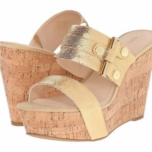 ✨NINE WEST LARA✨Gold Cork Wedge Platform Heels